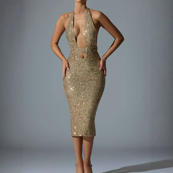 Damen Glamouröses Pailletten-Midi-Kleid mit tiefem V-Ausschnitt und figurbetonter Silhouette Drune