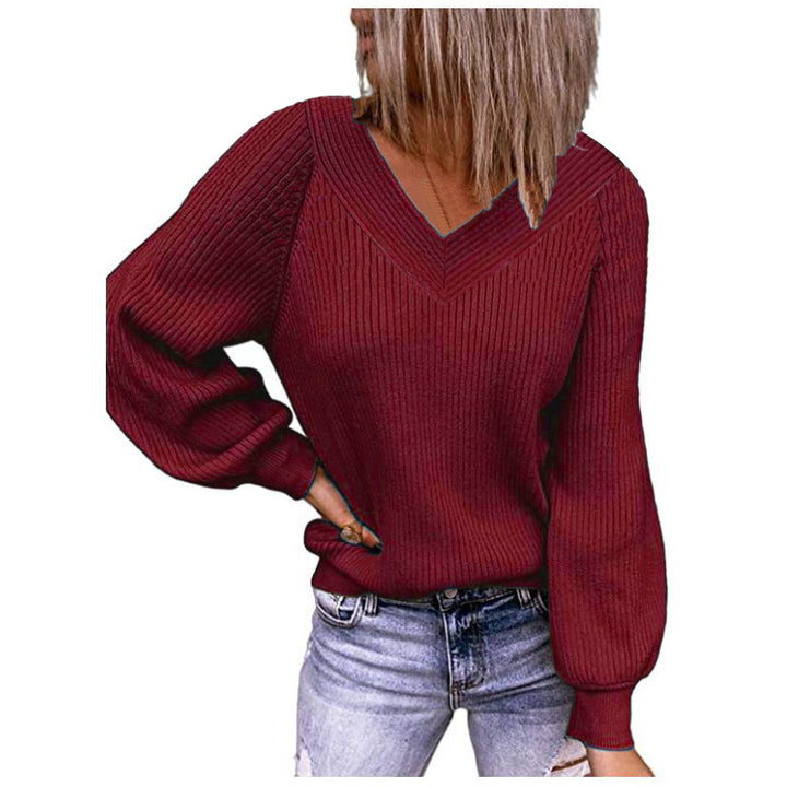 Damen Strickpullover mit V-Ausschnitt und Ballonärmeln Drune