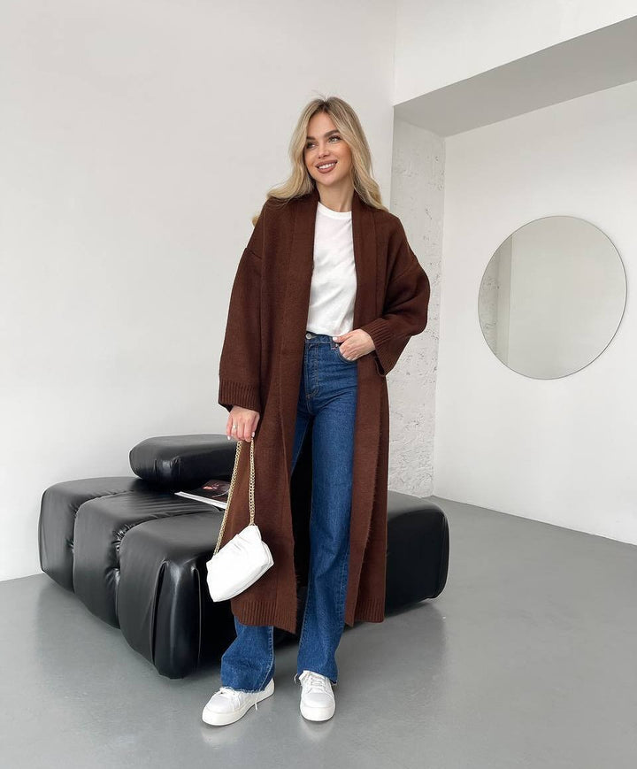 Damen Lange Strickjacke mit tiefem Kragen Drune