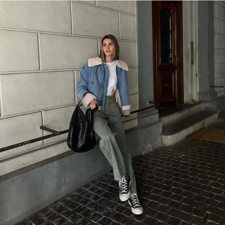 Damen modische Denimjacke mit Fellkragen und oversized Schnitt Drune