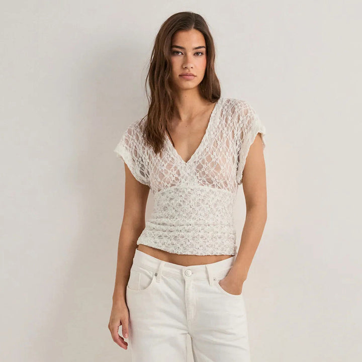 Damen Elegantes Spitzenoberteil mit V-Ausschnitt und weitem Schnitt Drune