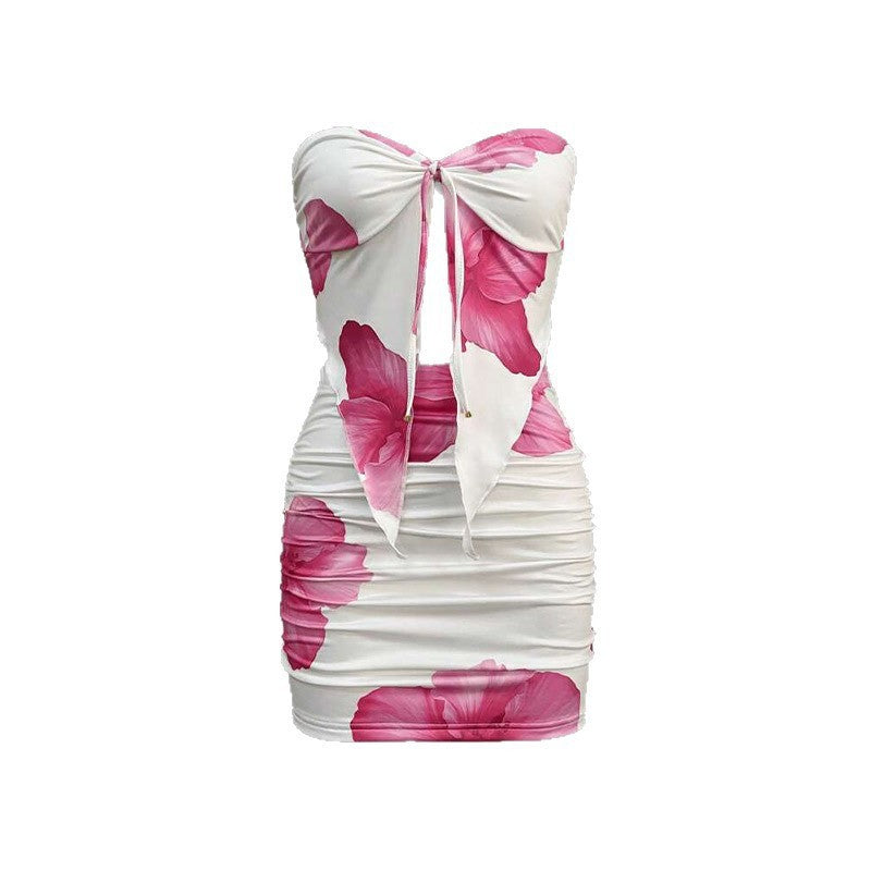 Damen romantisches Strandkleid mit Raffung und floralem Design Drune