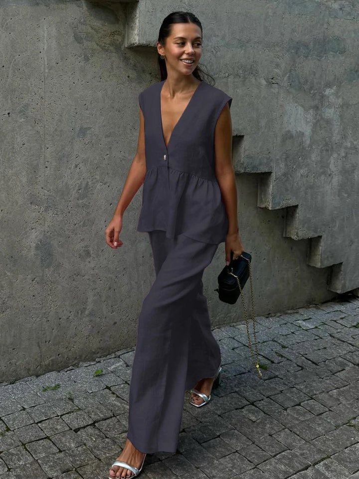 Damen luftiger Jumpsuit mit V-Ausschnitt und fließendem Schnitt Drune