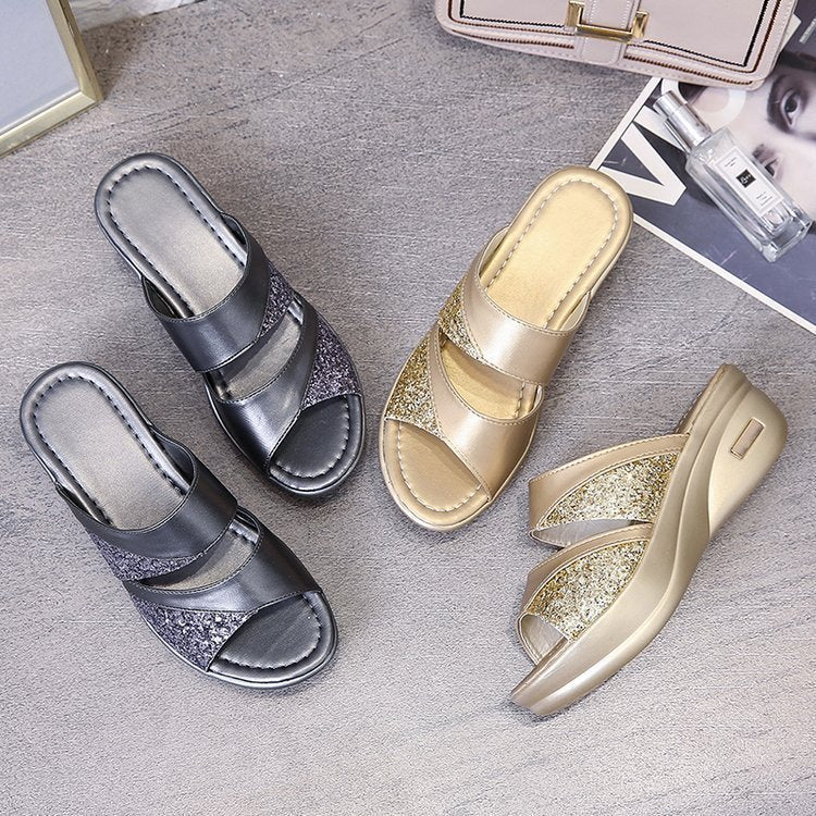 Damen modische Plateau-Sandalen mit Glitter und elastischen Riemen Drune