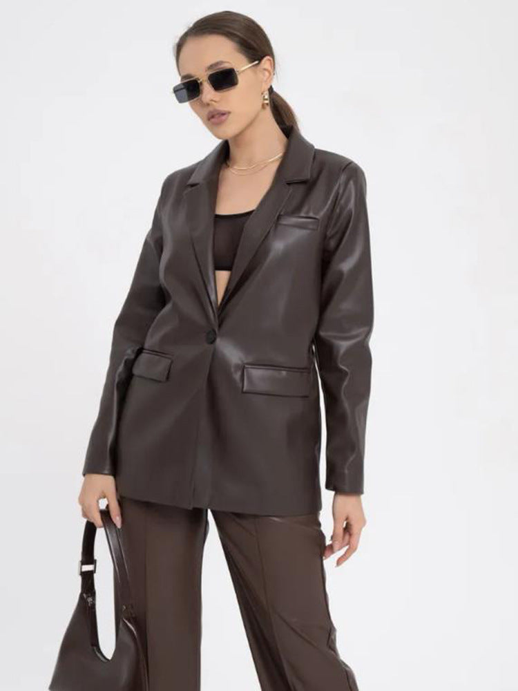 Damen minimalistische und elegante Kunstleder Blazer Drune