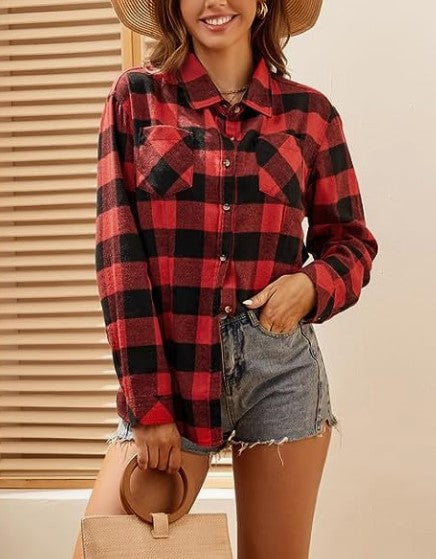 Damen karierte Flanellbluse mit Knoten-Detail Drune