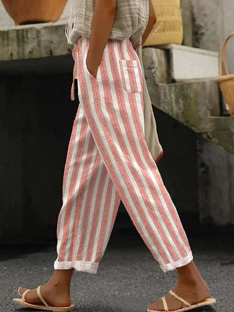 Damen Weite Leinenhose mit Streifenmuster Drune