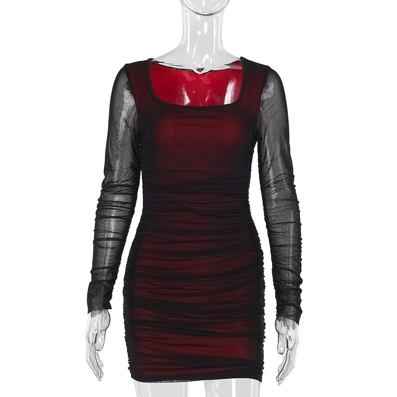 Damen figurbetontes Minikleid mit transparenten langärmeligen Einsätzen und Rüschendetails Drune