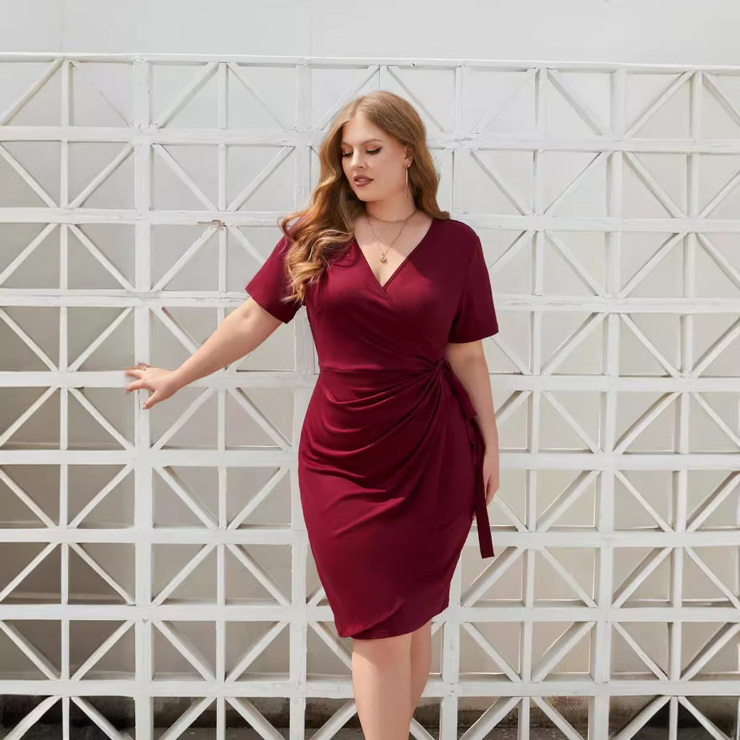 Damen Figurbetontes Wickelkleid mit kurzen Ärmeln und V-Ausschnitt Drune