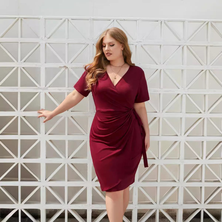 Damen Figurbetontes Wickelkleid mit kurzen Ärmeln und V-Ausschnitt Drune