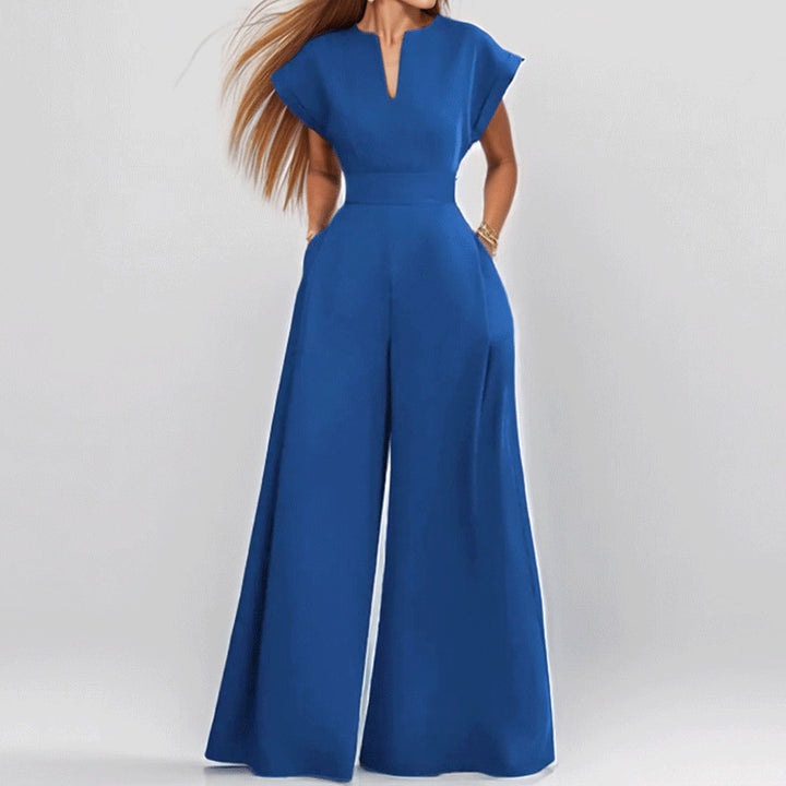 Damen Eleganter Jumpsuit mit weitem Bein und Schalkragen Drune