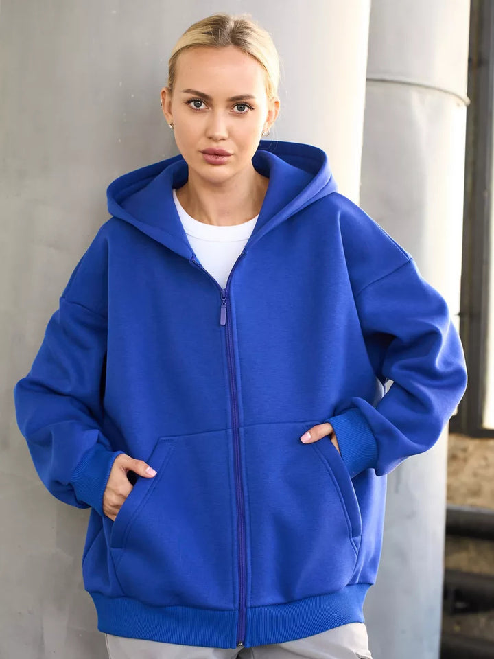 Damen lässiger Kapuzenpullover mit durchgehendem Reißverschluss und großen Taschen Drune
