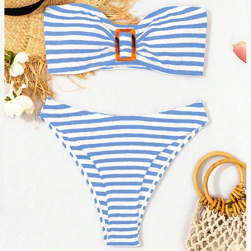 Damen Bandeau-Bikini mit gestreiftem Design und modischer Schnalle Drune