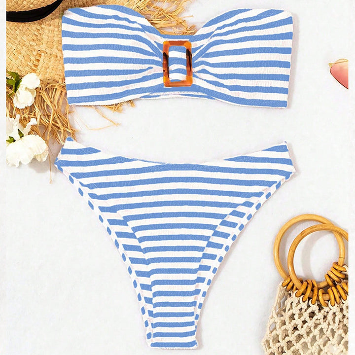 Damen Bandeau-Bikini mit gestreiftem Design und modischer Schnalle Drune