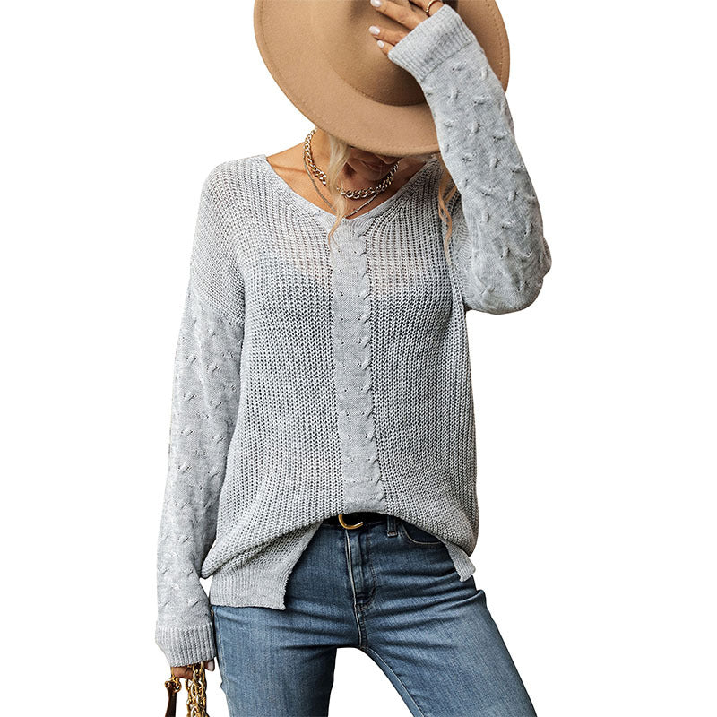 Damen lässiger Strickpullover mit V-Ausschnitt und strukturiertem Muster Drune