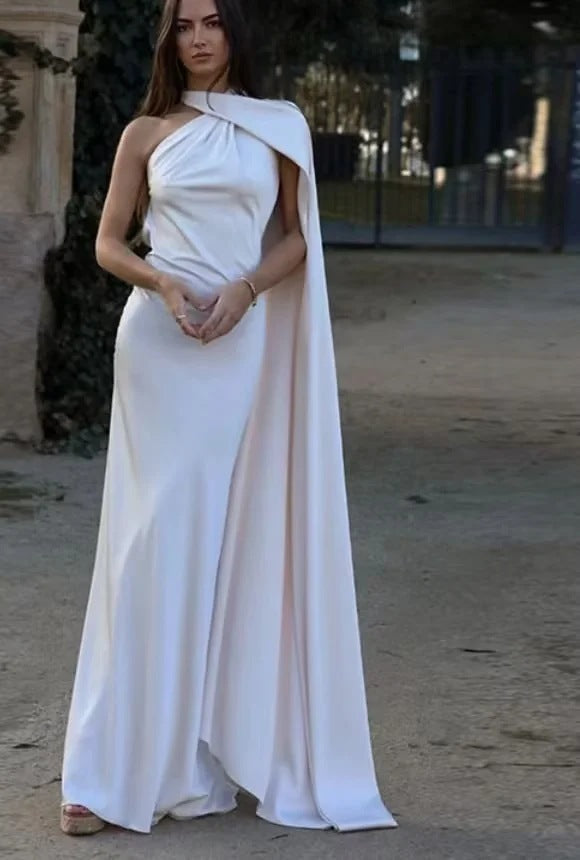 Damen elegantes Abendkleid mit einseitigem Cape und raffinierter Drapierung Drune