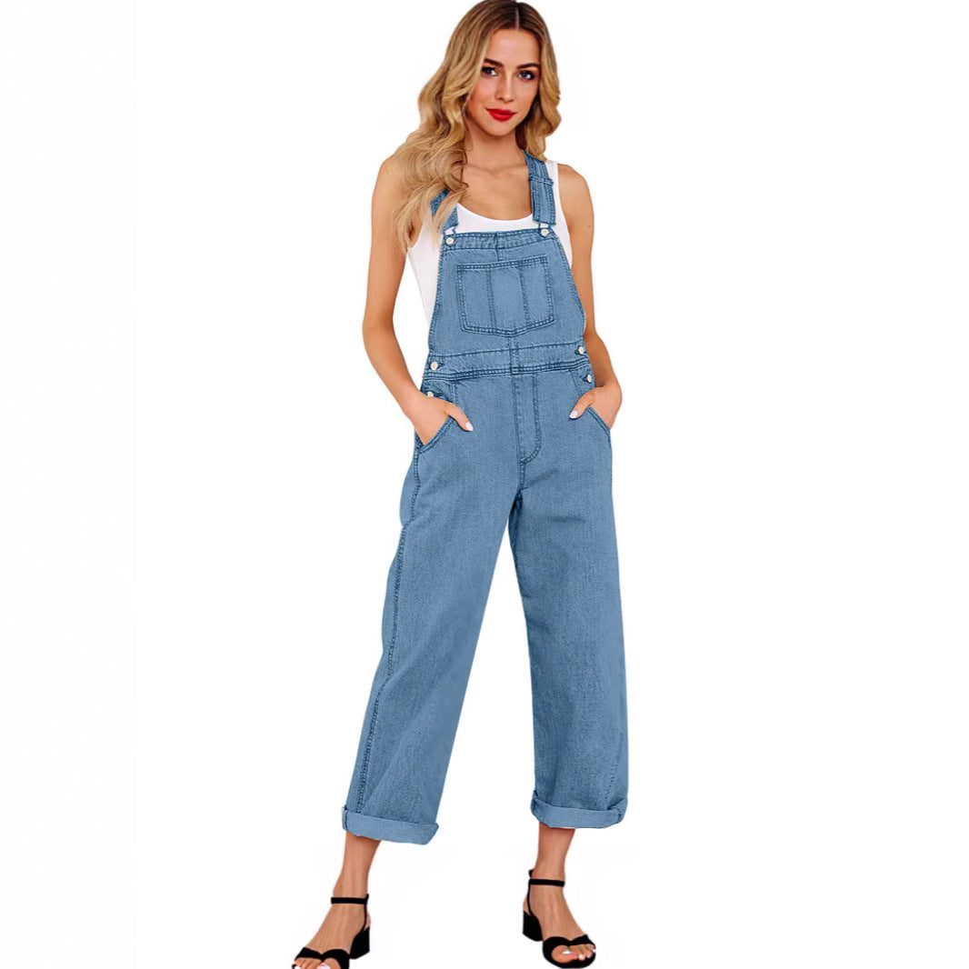 Damen lässige Denim-Latzhose mit praktischen Taschen und weiten Beinen Drune