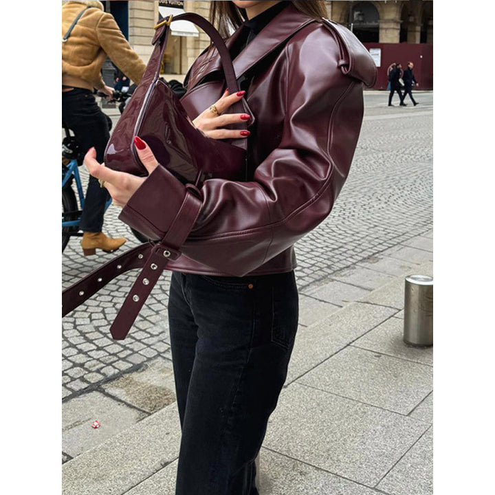 Damen modische Kunstlederjacke mit voluminösen Ärmeln Drune