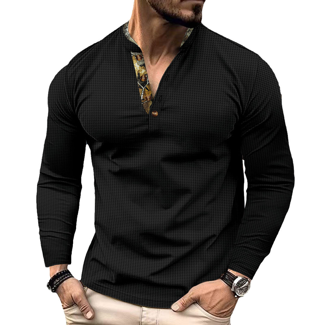 Herren nan langärmeliges Henley-Shirt mit Stehkragen und gemustertem Knopfleistenbesatz Drune