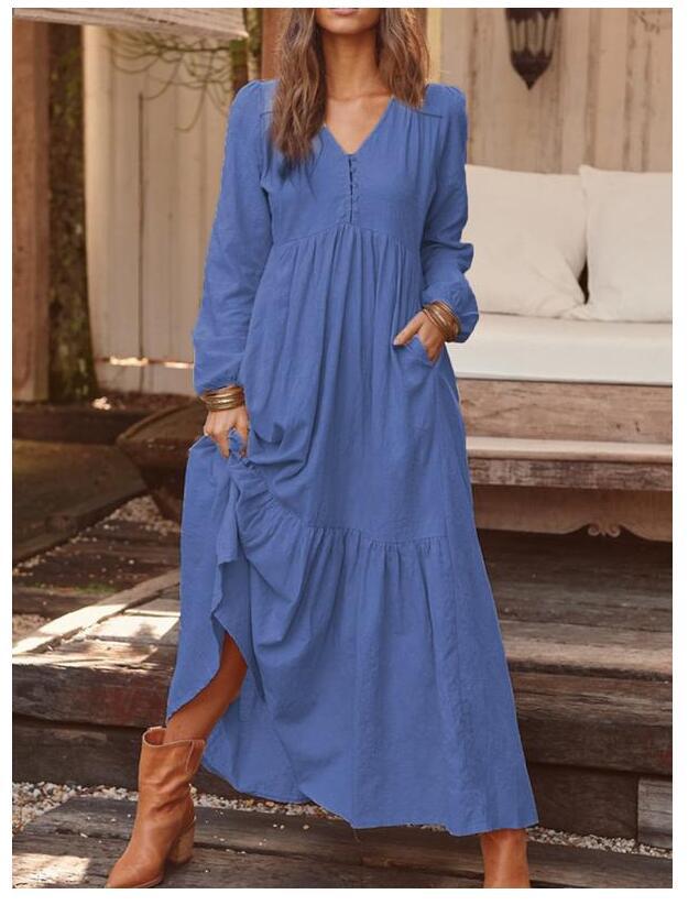 Damen nan luftiges Maxikleid mit V-Ausschnitt, Langarm und Eingrifftaschen Drune