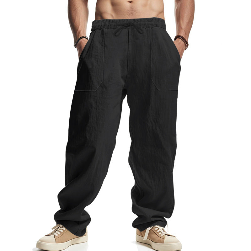 Herren nan lockere Leinenhose mit elastischem Bund, Tunnelzug und großen Eingrifftaschen Drune
