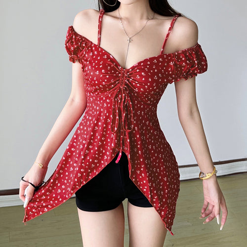 Damen Off-Shoulder-Oberteil mit süßem Blumenmuster und Raffung Drune
