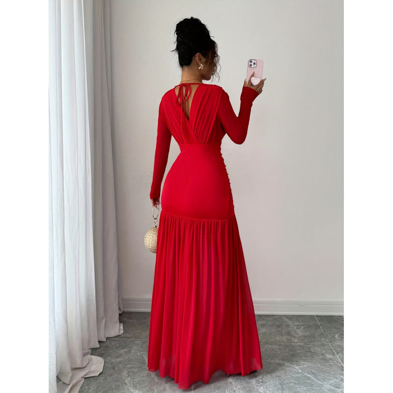 Damen Elegantes und figurbetontes Maxi-Kleid mit V-Ausschnitt und langen Ärmeln Drune