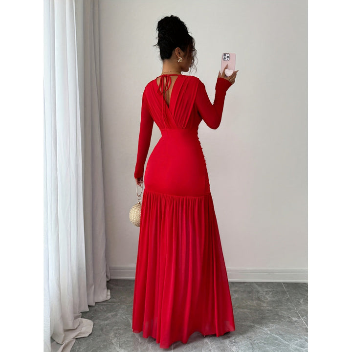 Damen Elegantes und figurbetontes Maxi-Kleid mit V-Ausschnitt und langen Ärmeln Drune