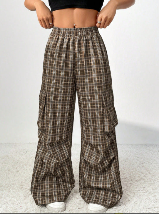 Damen Cargo-Hosen mit weitem Bein und modischem Karomuster Drune