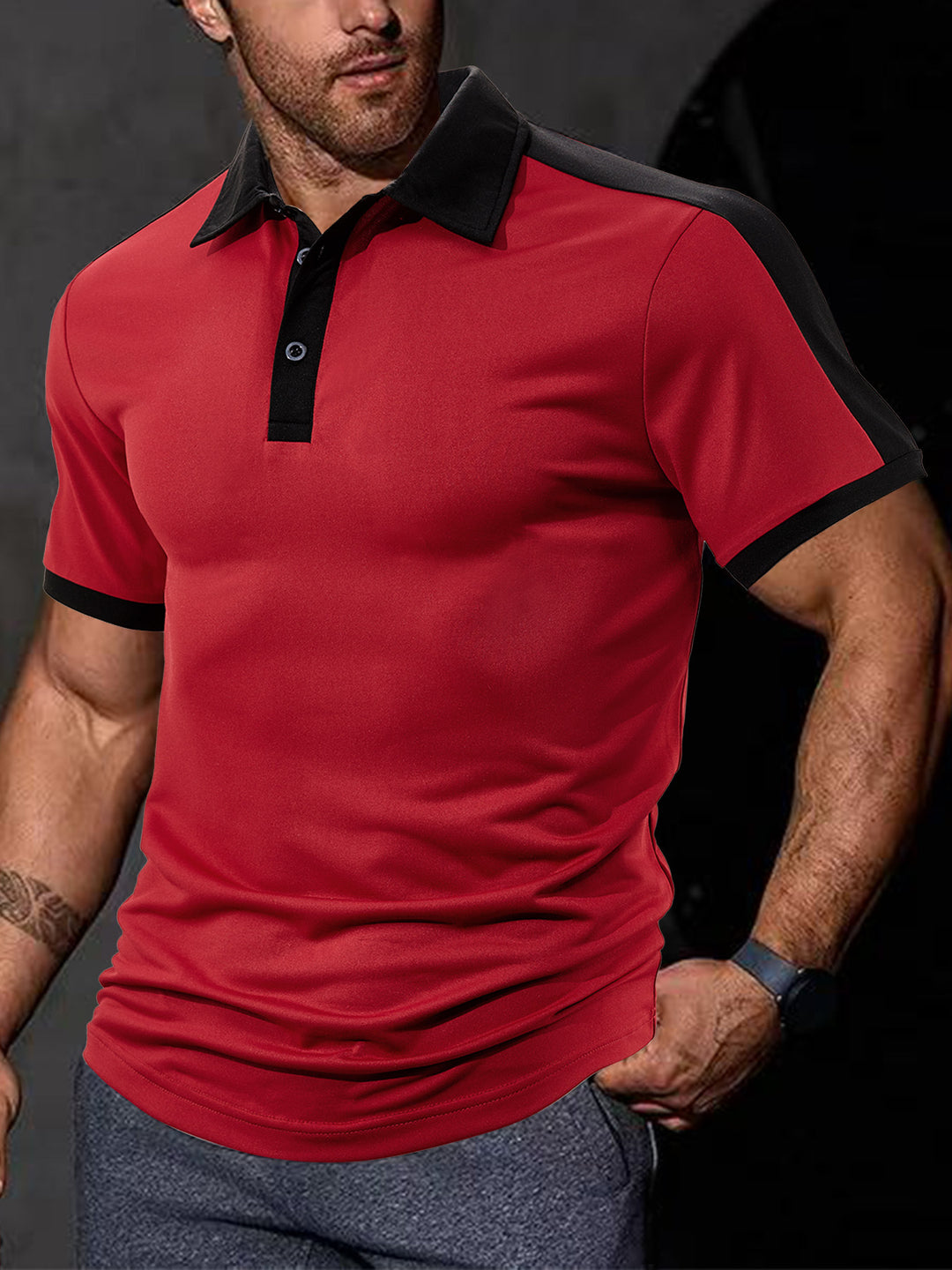 Herren nan figurnahes Kontrast-Poloshirt mit Schulterpasse und Hemdkragen Drune