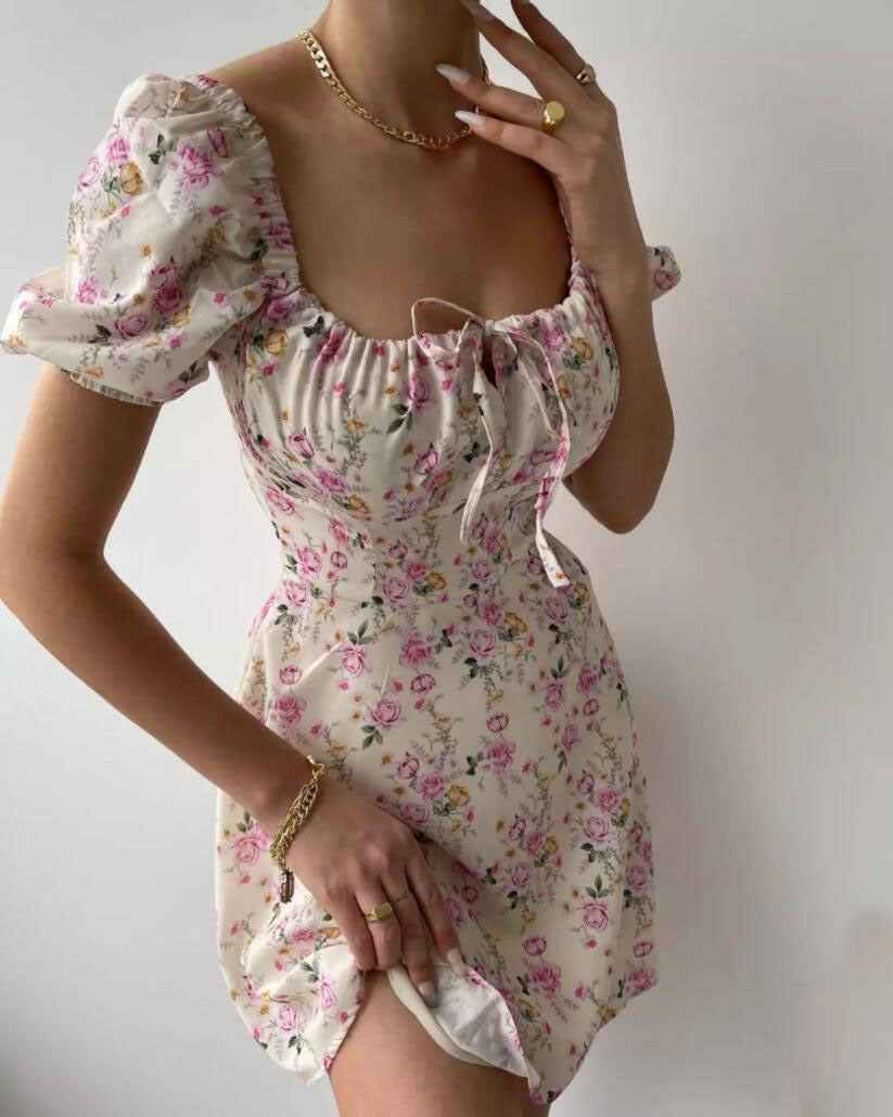 Damen Blütenmuster Mini-Kleid mit Puffärmeln Drune