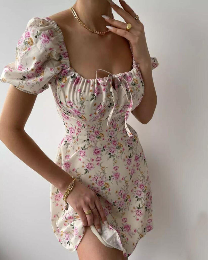 Damen Blütenmuster Mini-Kleid mit Puffärmeln Drune