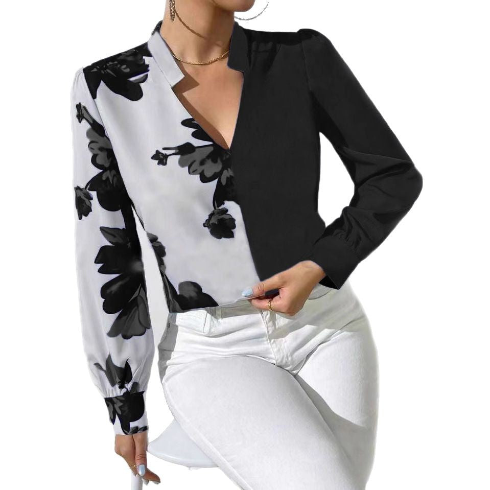 Damen Bluse mit einzigartigem floralen Muster und elegantem V-Ausschnitt Drune