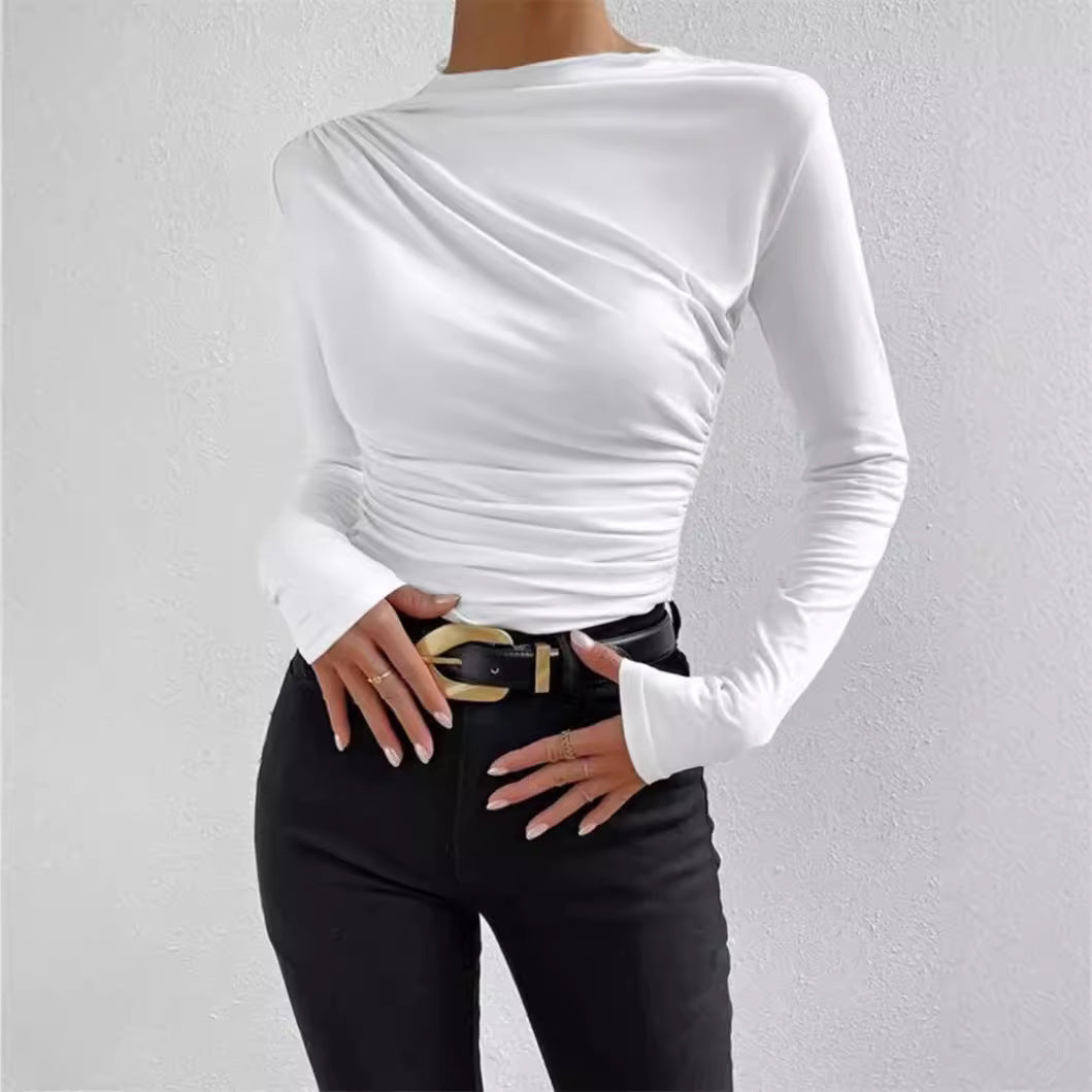 Damen nan gerafftes Langarmshirt mit asymmetrischem U-Boot-Ausschnitt und figurbetonter Silhouette Drune