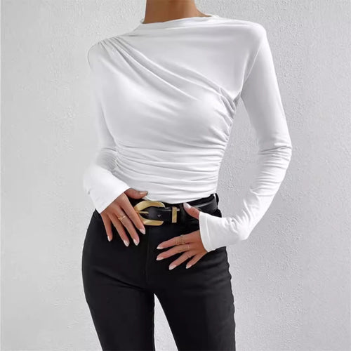 Damen nan gerafftes Langarmshirt mit asymmetrischem U-Boot-Ausschnitt und figurbetonter Silhouette Drune