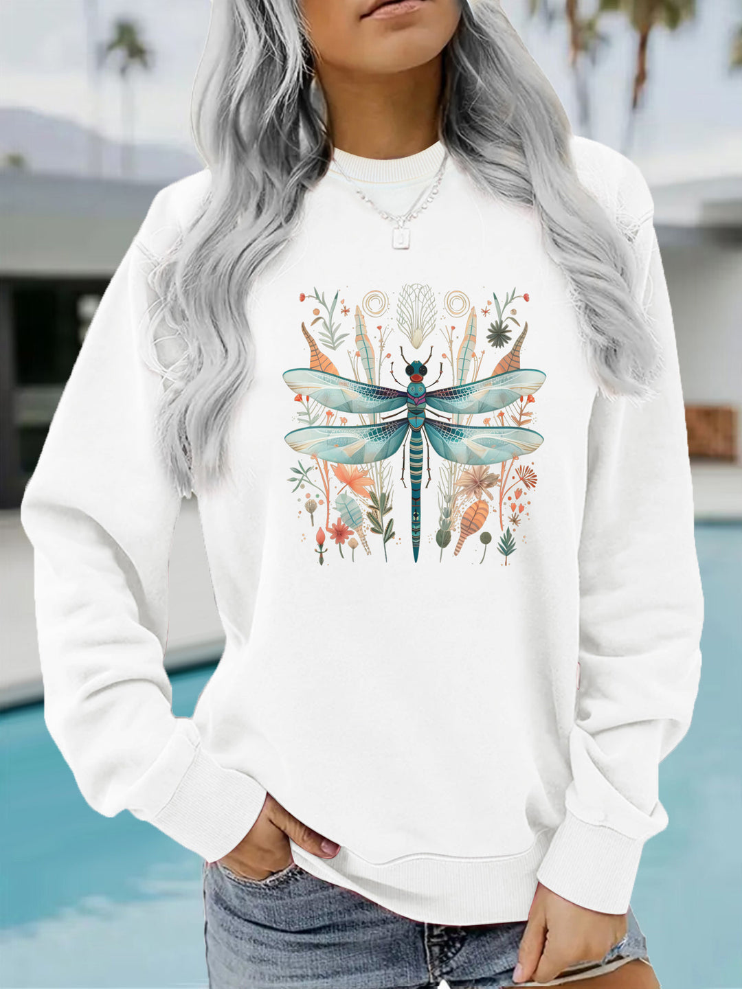 Damen Sweatshirt mit einzigartigem Libellen-Print und botanischem Design Drune