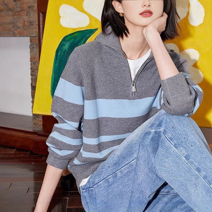 Damen gemütlicher Strickpullover mit modischem Halbzipverschluss Drune