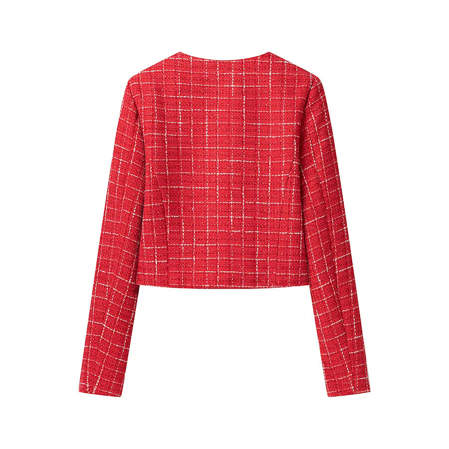 Damen Kurzjacke im klassischen Karomuster mit dekorativen Knöpfen Drune