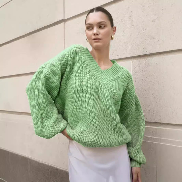 Damen V-Ausschnitt Strickpullover mit voluminösen Ärmeln und strukturierter Oberfläche Drune