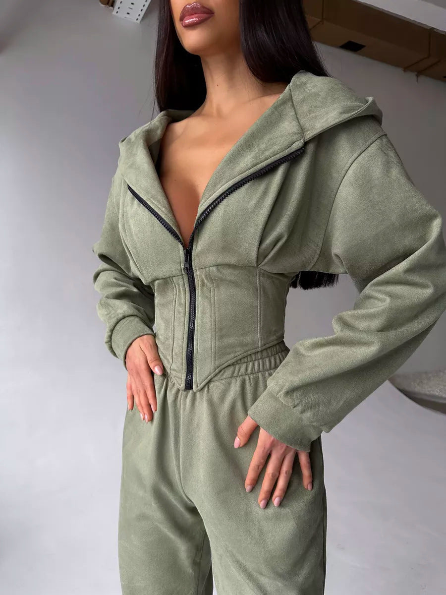 Damen sportlicher Jumpsuit mit Reißverschluss und Kapuze Drune