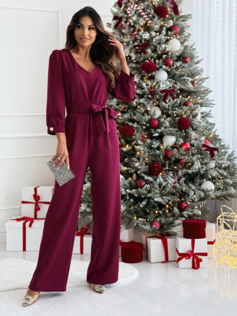 Damen Eleganter Jumpsuit mit Taillengürtel und weitem Bein Drune