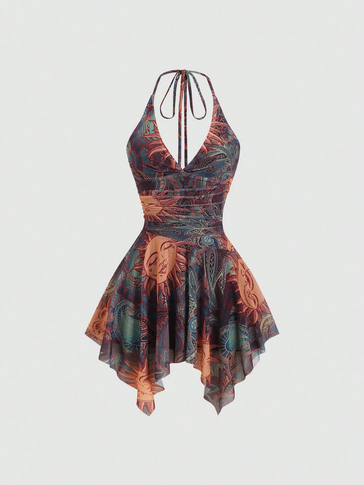 Damen lässiges Strandkleid mit asymmetrischem Saum und raffiniertem Druck Drune