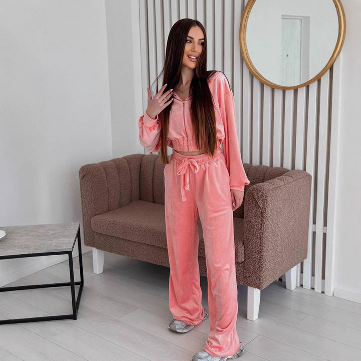 Damen Velours Freizeitanzug mit cropped Oberteil und weitem Bein Drune