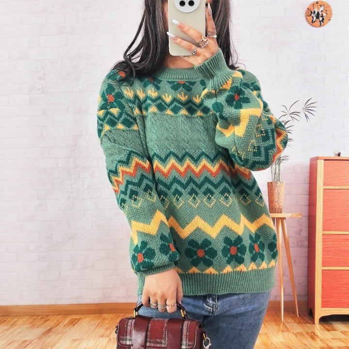 Damen Grobstrickpullover mit buntem Zickzackmuster und floralen Akzenten Drune