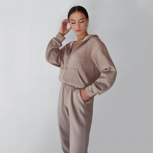 Damen entspannter Fleece-Loungewear-Anzug mit Kapuze Drune