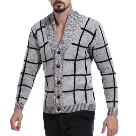 Herren modische Strickjacke mit V-Ausschnitt und modernem Karomuster Drune