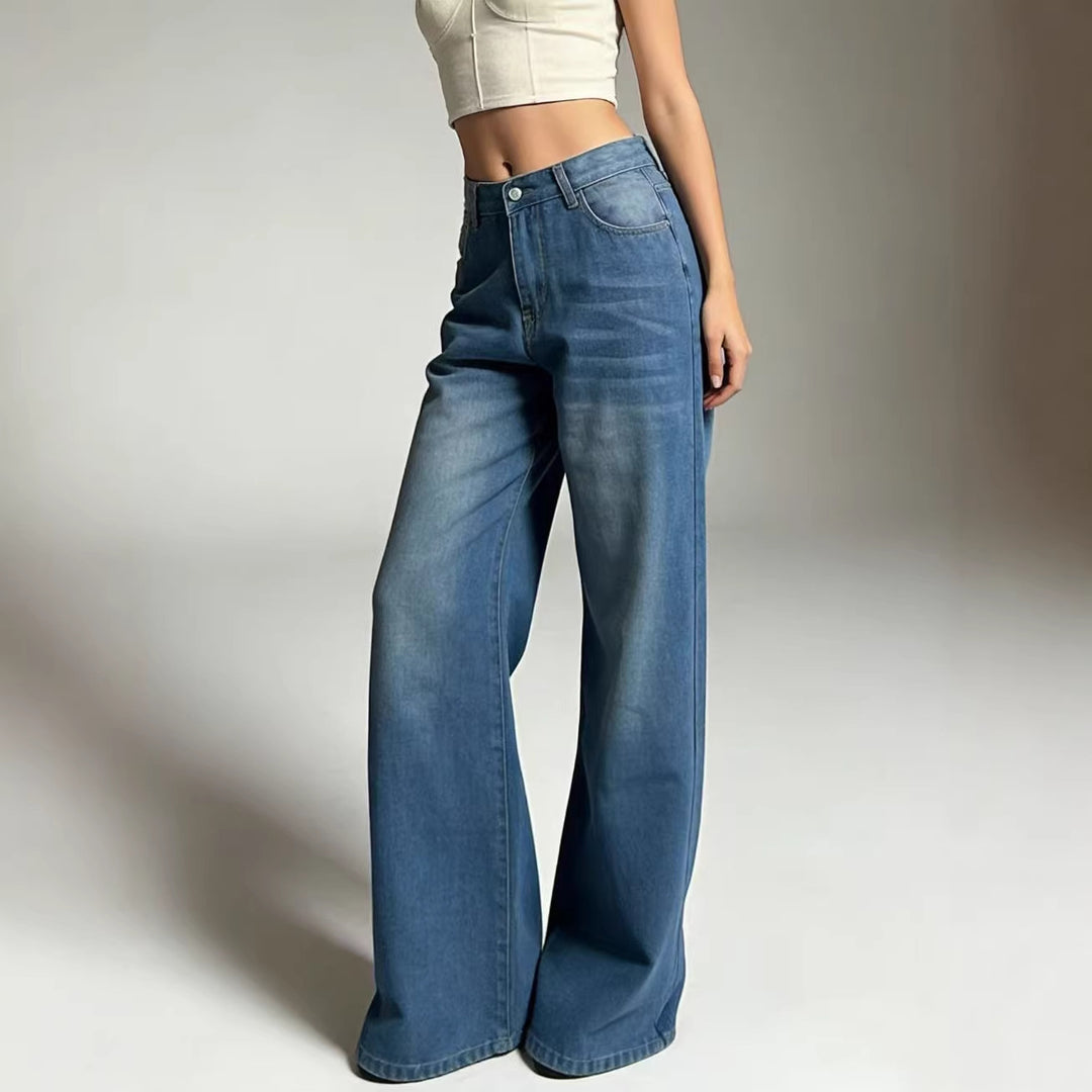 Damen weite Denim-Hose mit Vintage-Waschung und hoch geschnittenem Bund Drune