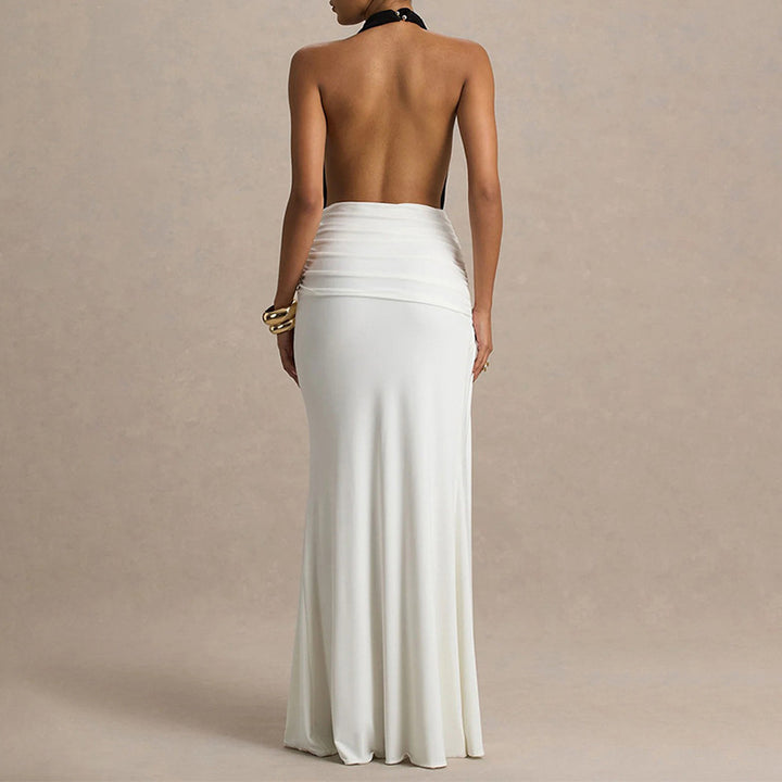 Damen Elegantes Maxikleid mit tiefem V-Ausschnitt und gerafftem Rock Drune