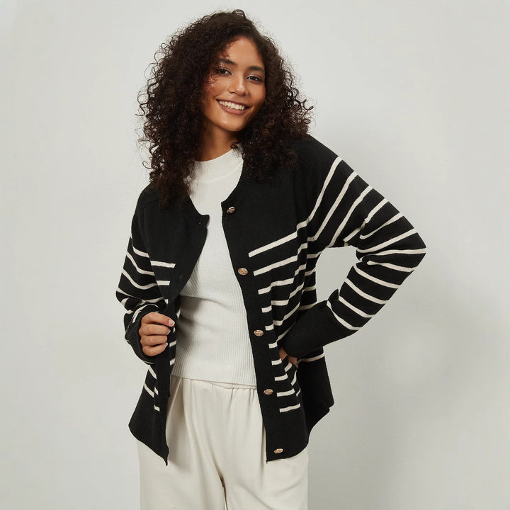 Damen Strickjacke mit gestreiftem Muster und eleganten Knopfdetails Drune