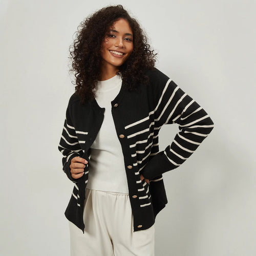 Damen Strickjacke mit gestreiftem Muster und eleganten Knopfdetails Drune